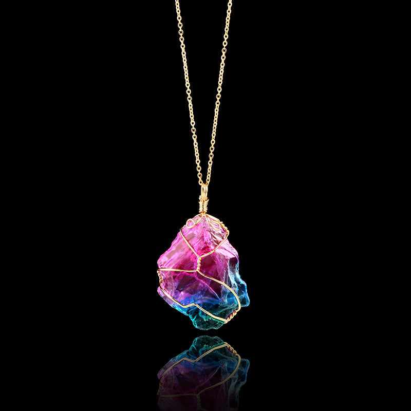 Rainbow Mineral Quartz Pendant Necklace in Goldtone Tone