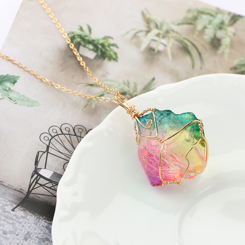 Rainbow Mineral Quartz Pendant Necklace in Goldtone Tone