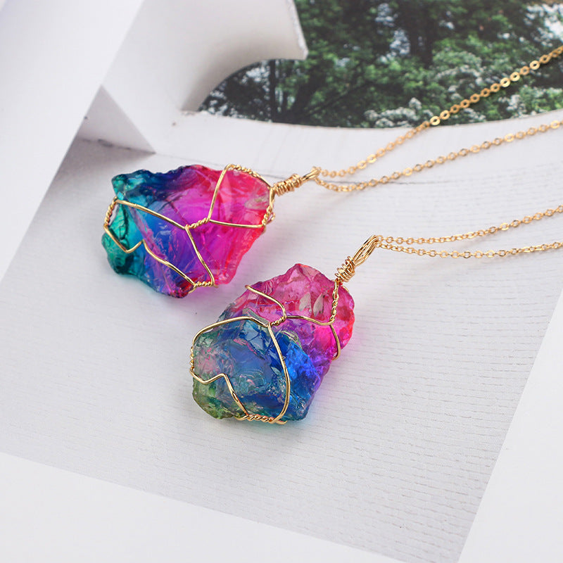 Rainbow Mineral Quartz Pendant Necklace in Goldtone Tone