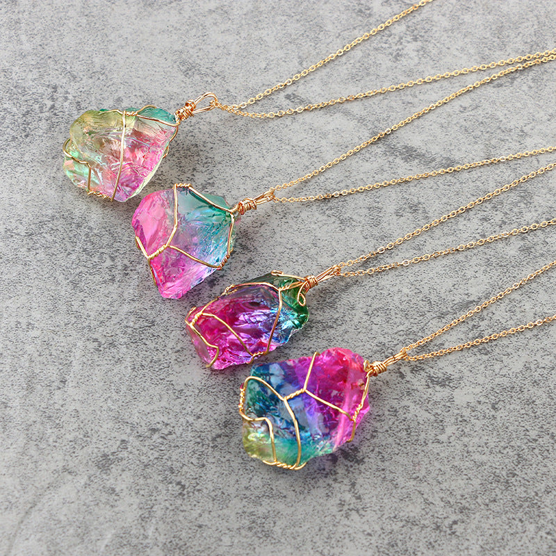 Rainbow Mineral Quartz Pendant Necklace in Goldtone Tone