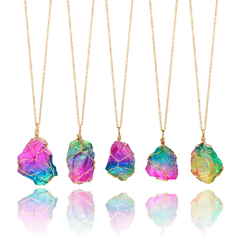 Rainbow Mineral Quartz Pendant Necklace in Goldtone Tone