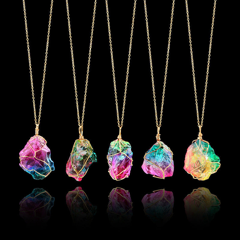 Rainbow Mineral Quartz Pendant Necklace in Goldtone Tone