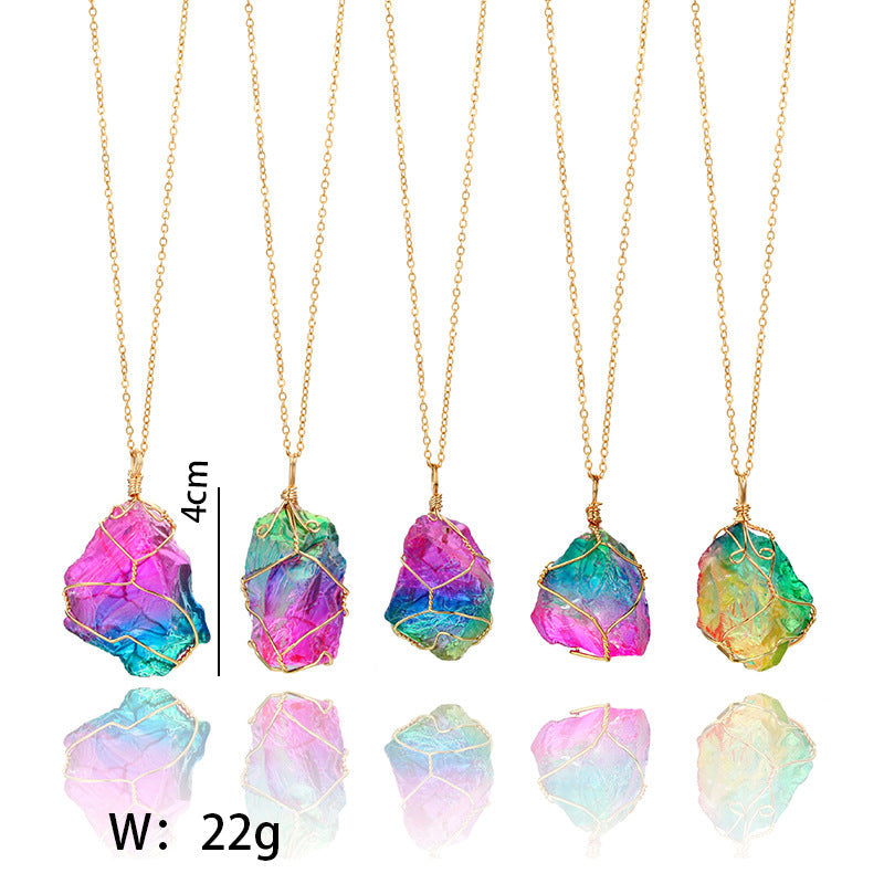 Rainbow Mineral Quartz Pendant Necklace in Goldtone Tone