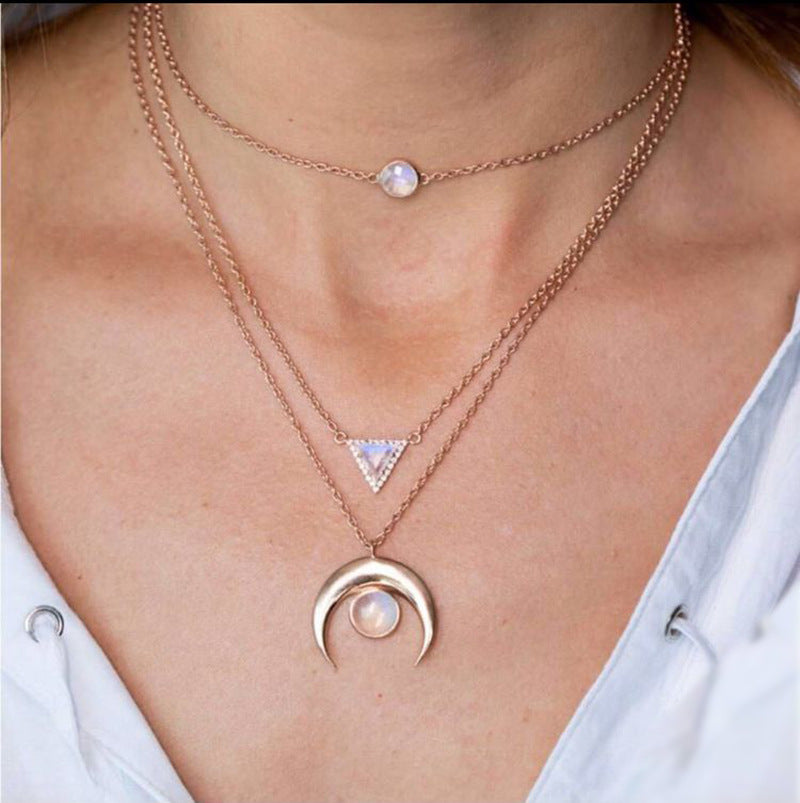 14K Rose Gold Tone Opal Crescent & Triangular Statement Necklace