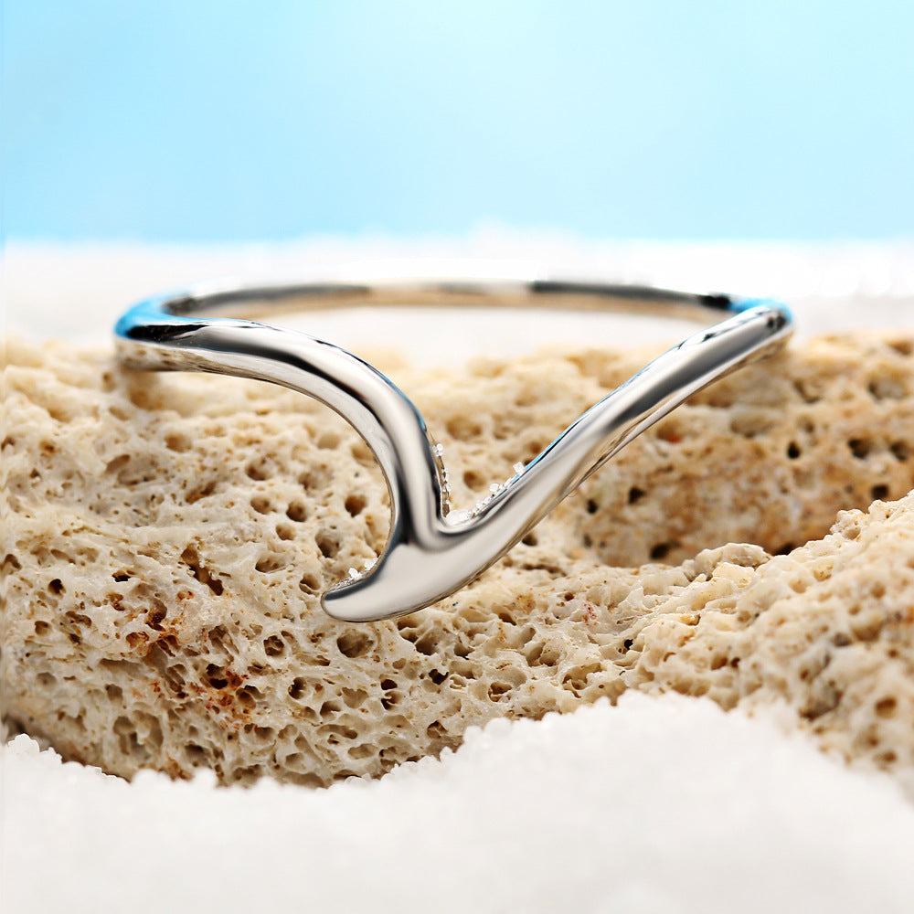 Malibu Beach Curved Wave Abstract Ring in 14K White Gold Tone