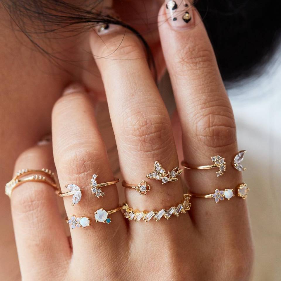 11-Piece Minimalist Bohemian Pav'e Ring Set in Goldtone Tone
