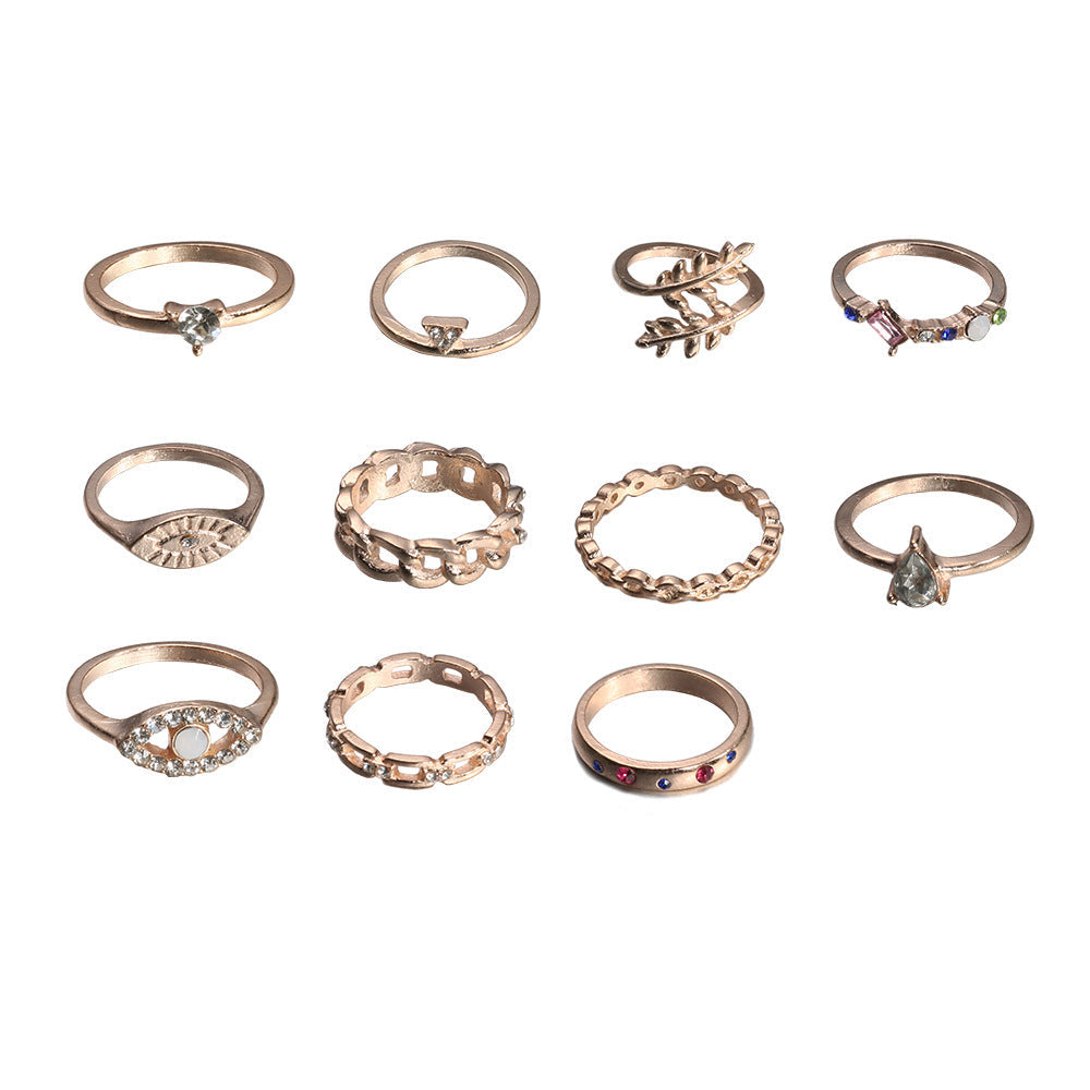 11-Piece Minimalist Bohemian Pav'e Ring Set in Goldtone Tone