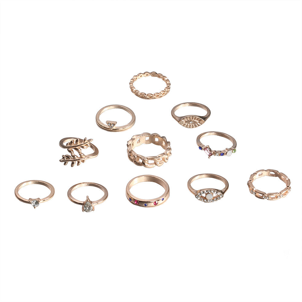 11-Piece Minimalist Bohemian Pav'e Ring Set in Goldtone Tone