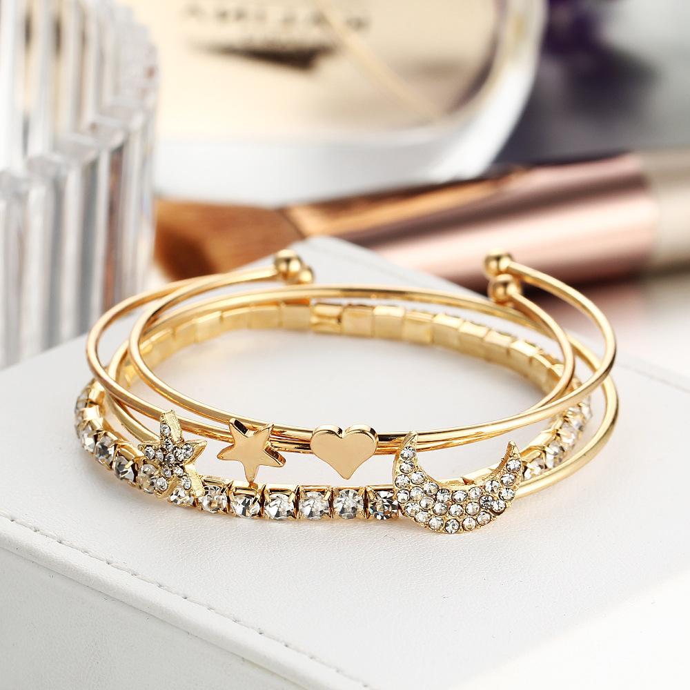 4 Piece Celestial Bangle Set With Crystals Goldtone Bracelet ITALY Design