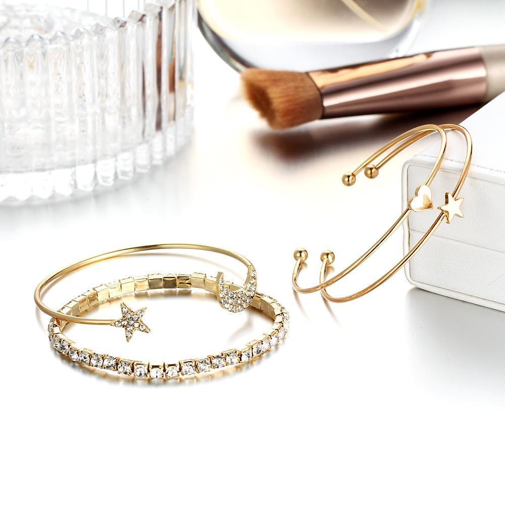 4 Piece Celestial Bangle Set With Crystals Goldtone Bracelet ITALY Design