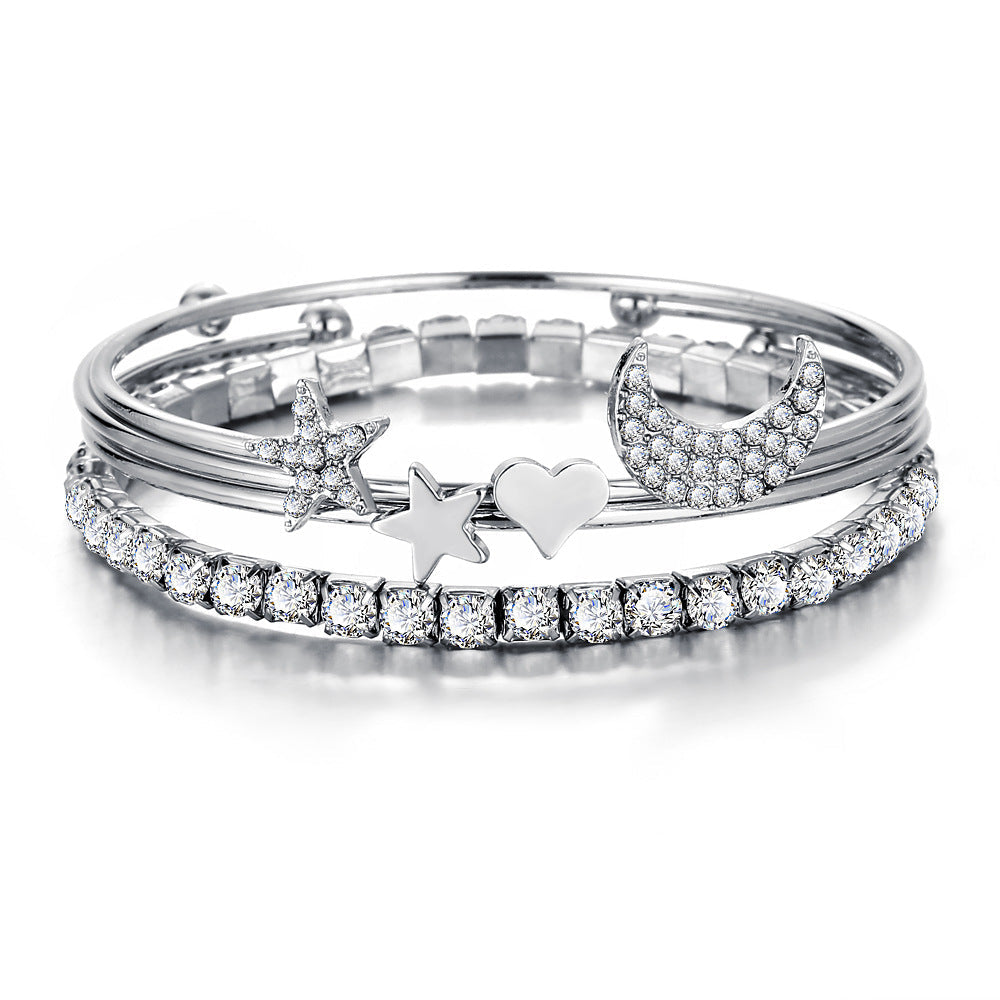 4 Piece Celestial Bangle Set With Crystals Silvertone Bracelet in Silvertone