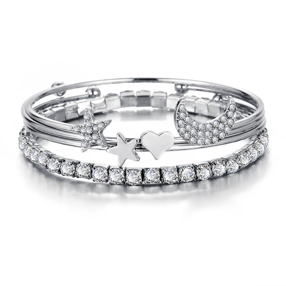 4 Piece Celestial Bangle Set With Luxe Crystals Silvertone Bracelet ITALY Design