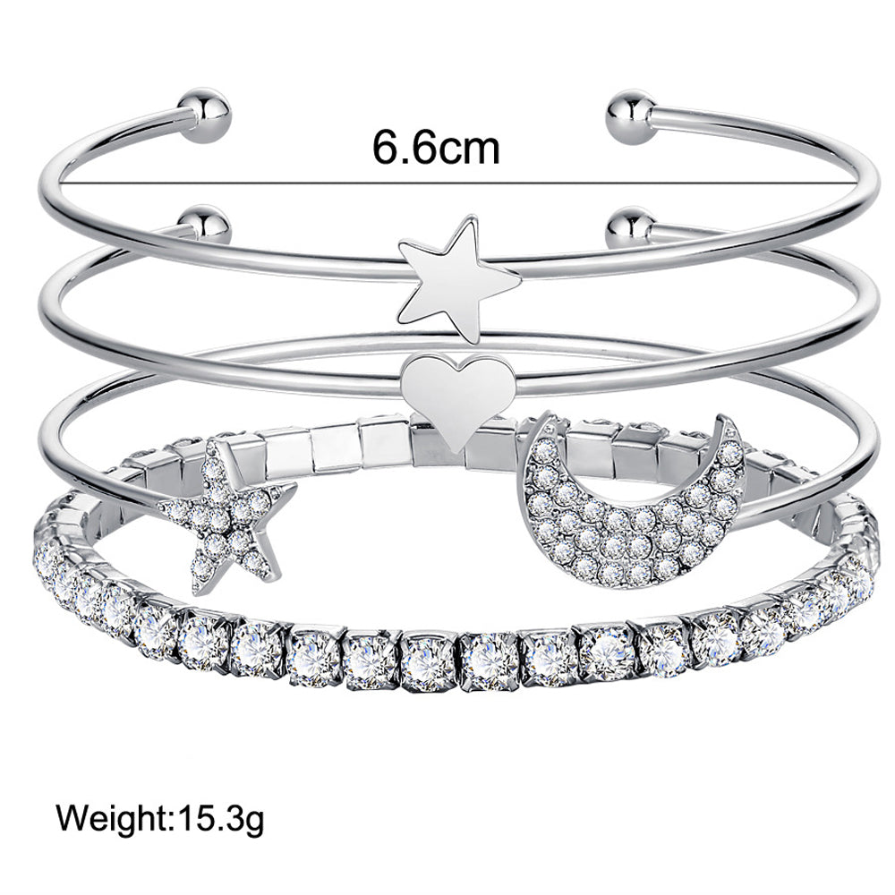 4 Piece Celestial Bangle Set With Crystals Silvertone Bracelet in Silvertone