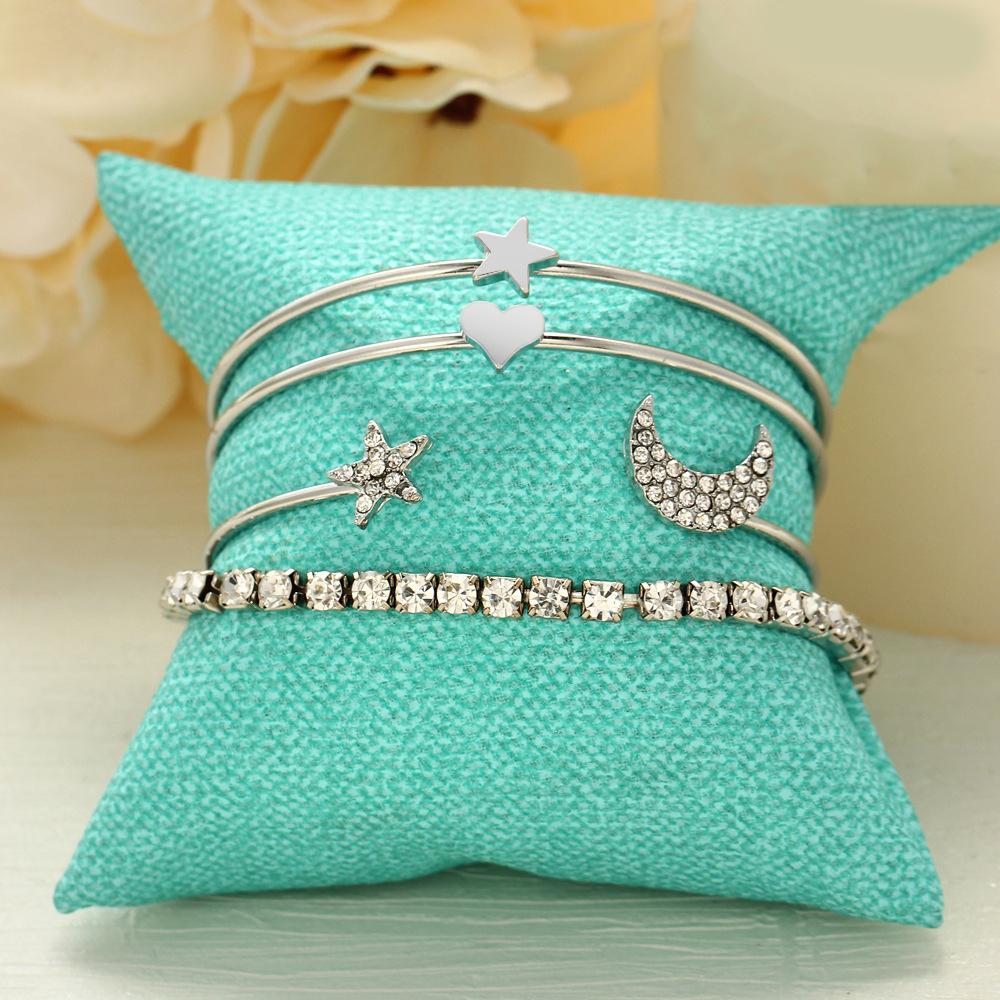 4 Piece Celestial Bangle Set With Luxe Crystals Silvertone Bracelet ITALY Design