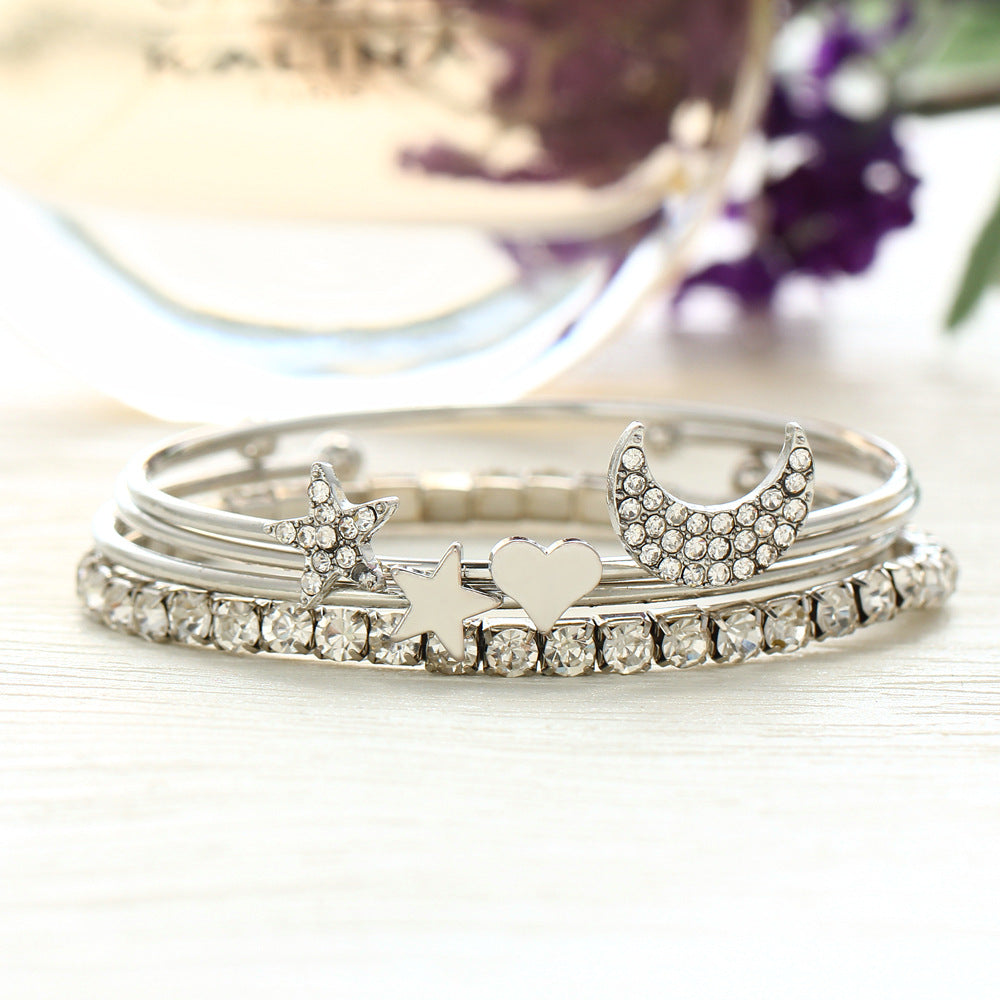 4 Piece Celestial Bangle Set With Crystals Silvertone Bracelet in Silvertone