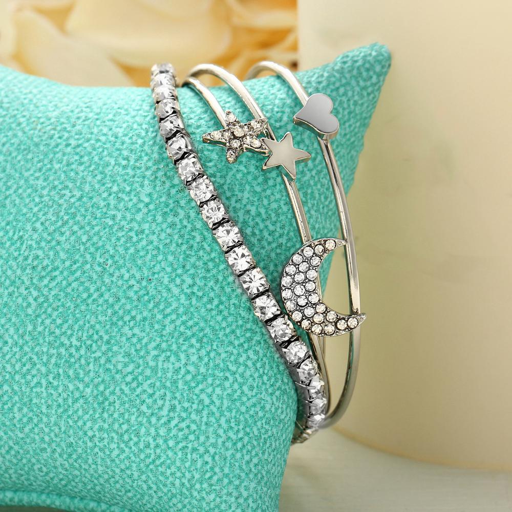 4 Piece Celestial Bangle Set With Crystals Silvertone Bracelet ITALY Design