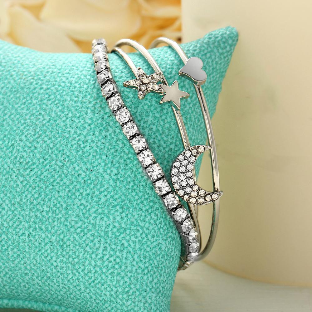 4 Piece Celestial Bangle Set With Luxe Crystals Silvertone Bracelet ITALY Design
