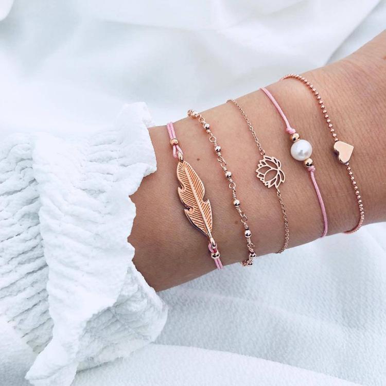 5 Piece Pink Pearl Bracelet Set Goldtone Bracelet ITALY Design