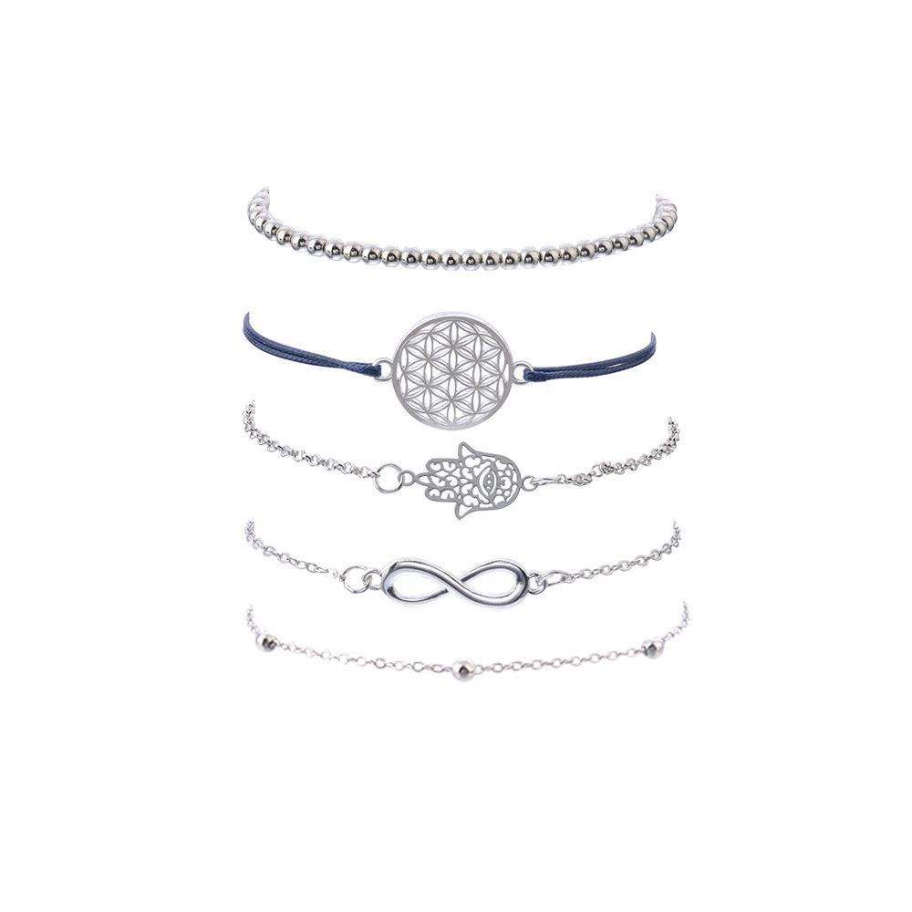 5 Piece Hamsa Infinity Bracelet Set Silvertone Bracelet ITALY Design
