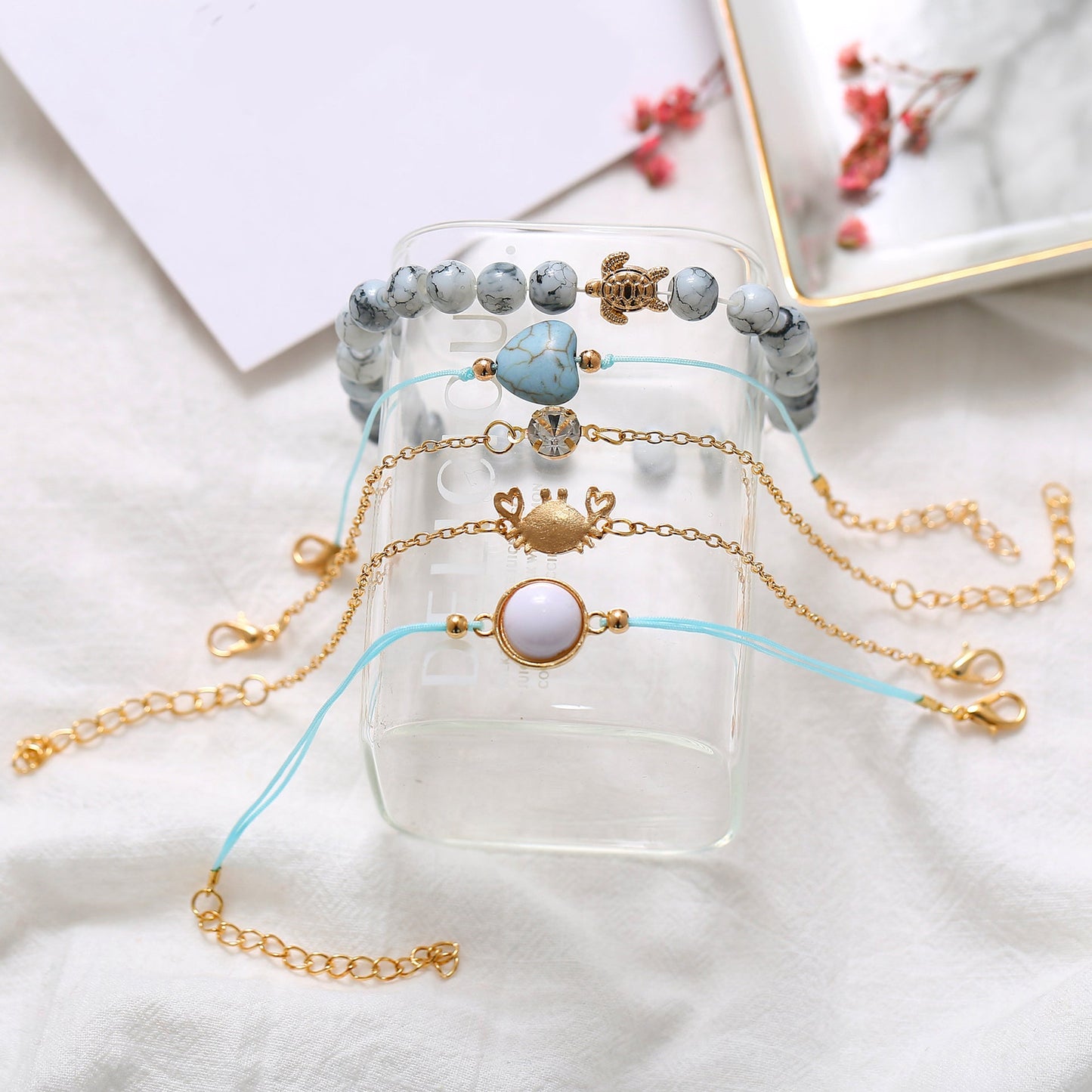 5 Piece Blue Turtle Bracelet Set With Crystals Silvertone Bracelet in Silvertone