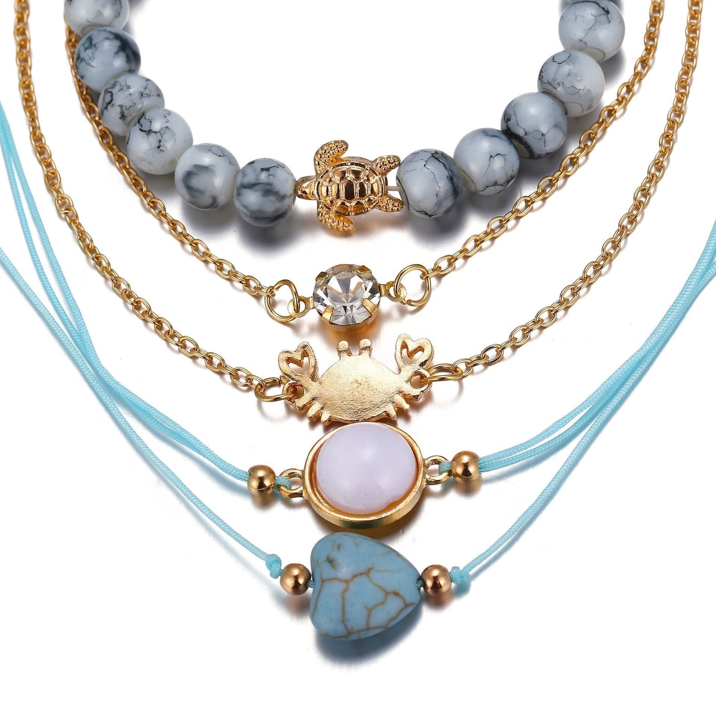 5 Piece Blue Turtle Bracelet Set With Luxe Crystals Silvertone Bracelet ITALY Design