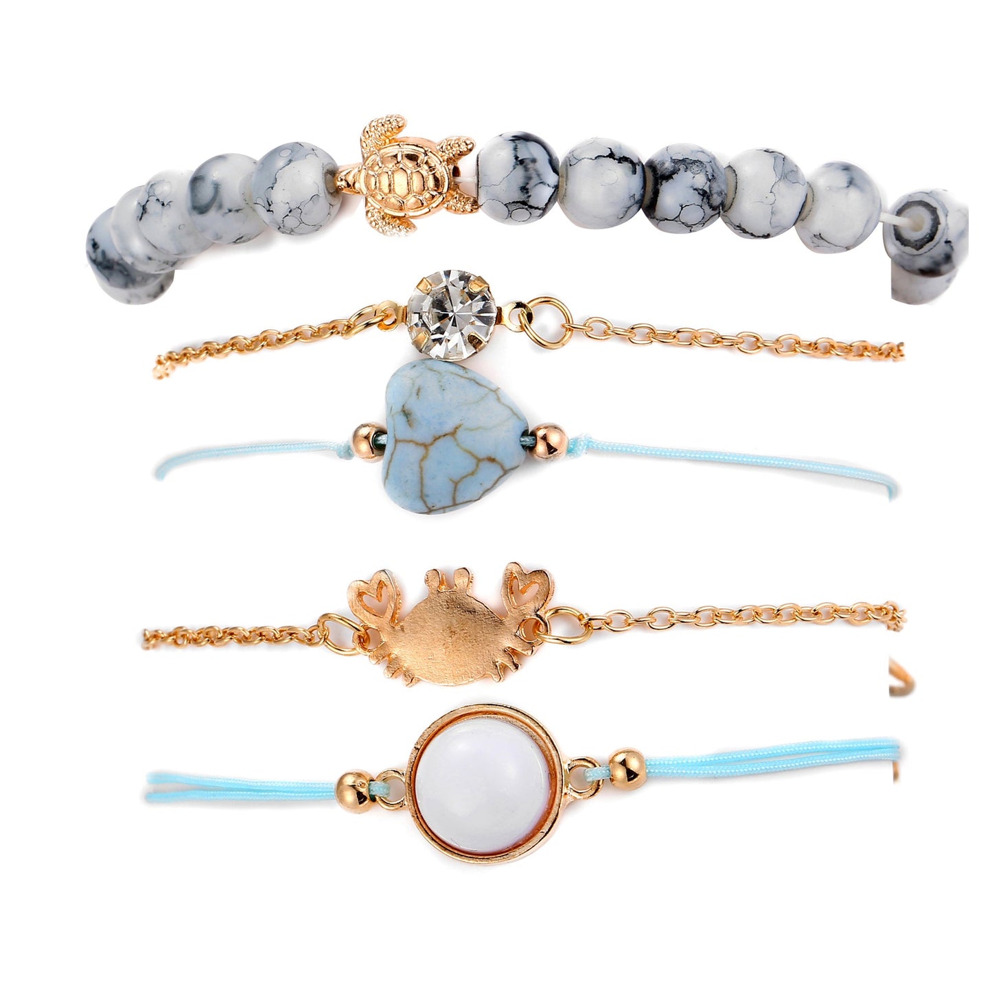 5 Piece Blue Turtle Bracelet Set With Crystals Silvertone Bracelet in Silvertone