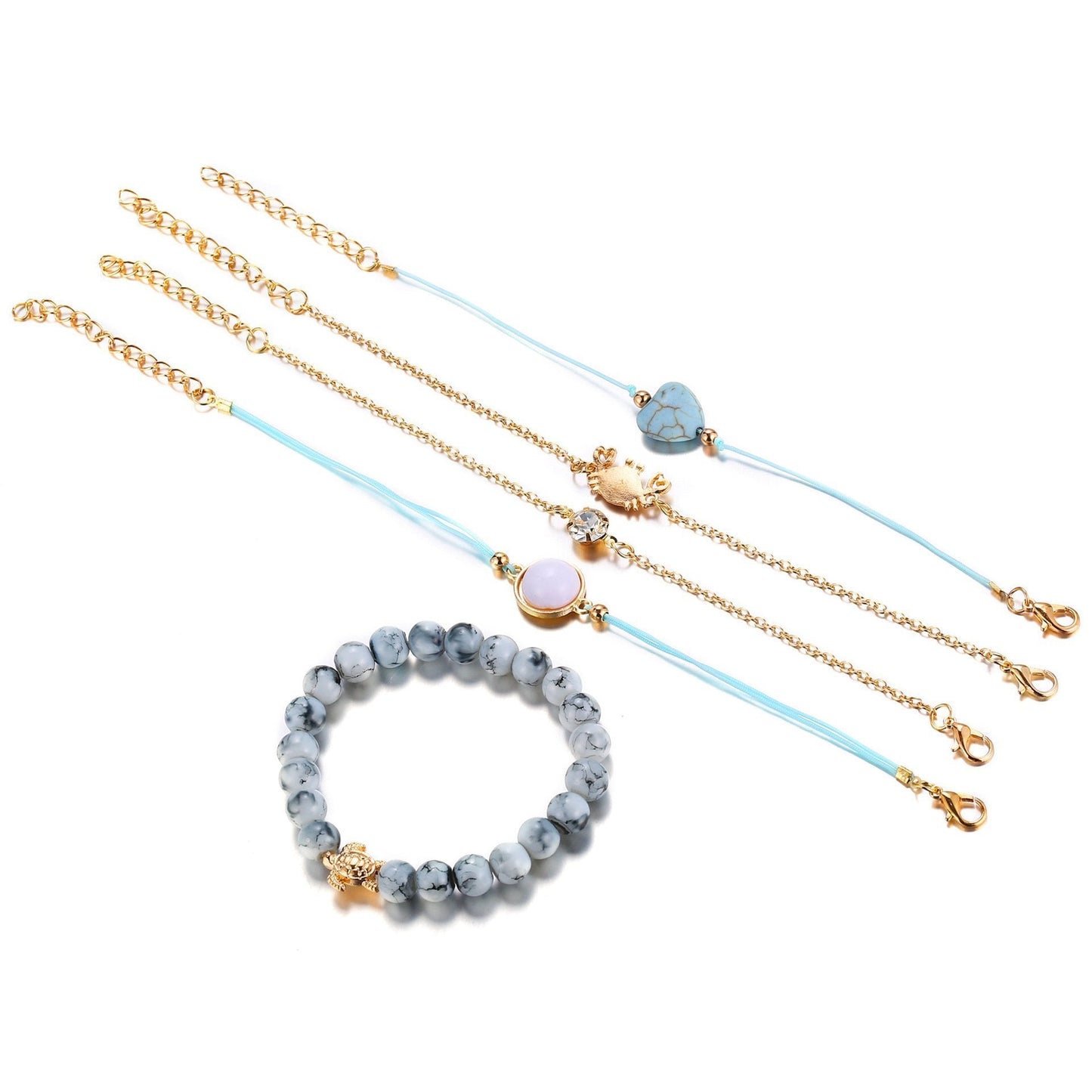 5 Piece Blue Turtle Bracelet Set With Luxe Crystals Silvertone Bracelet ITALY Design