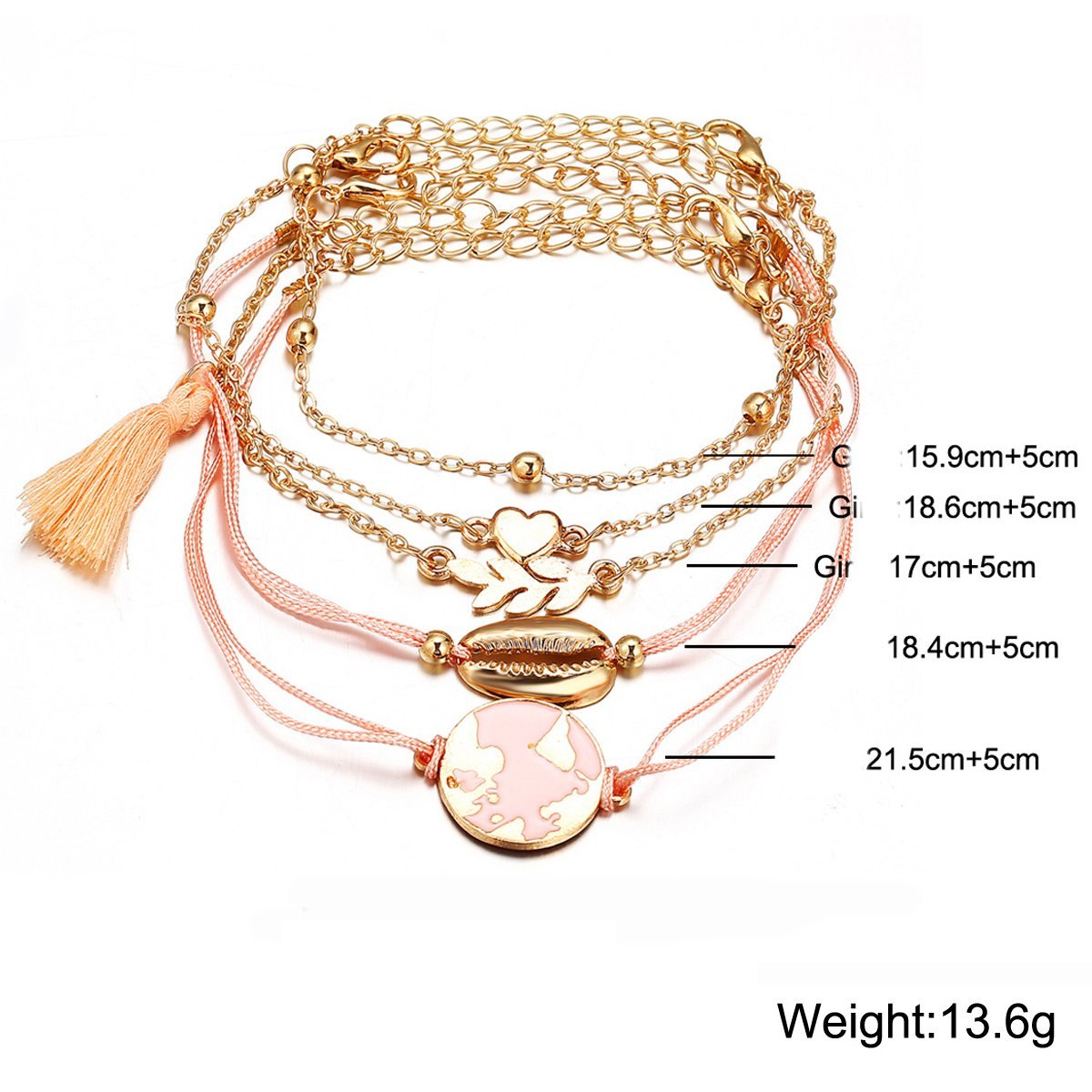 5 Piece Pink Global Tassell Bracelet Set Rosegoldtone Bracelet ITALY Design