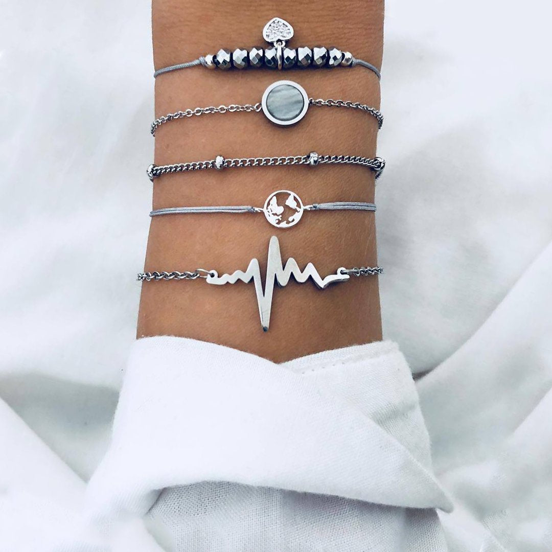 5 Piece Heartbeat Bracelet Set Silvertone Bracelet ITALY Design