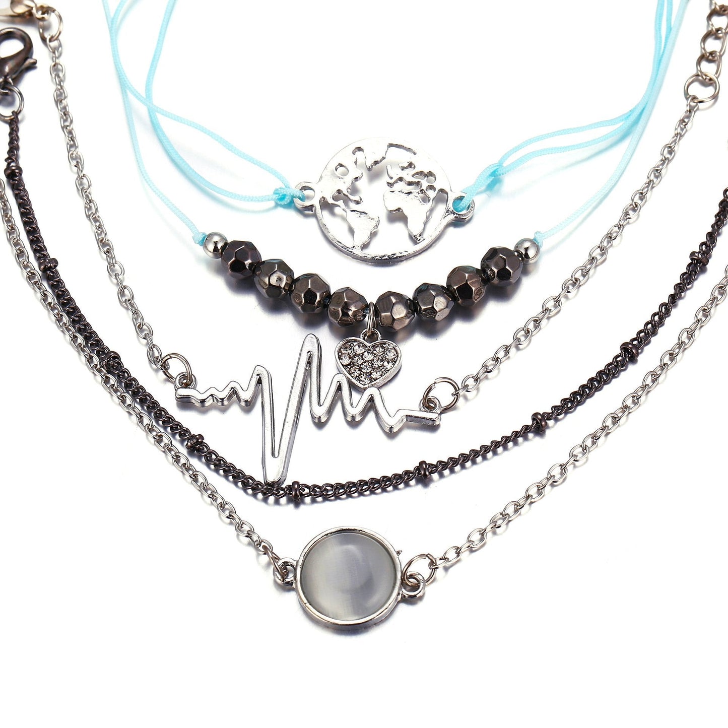 5 Piece Heartbeat Bracelet Set Silvertone Bracelet ITALY Design
