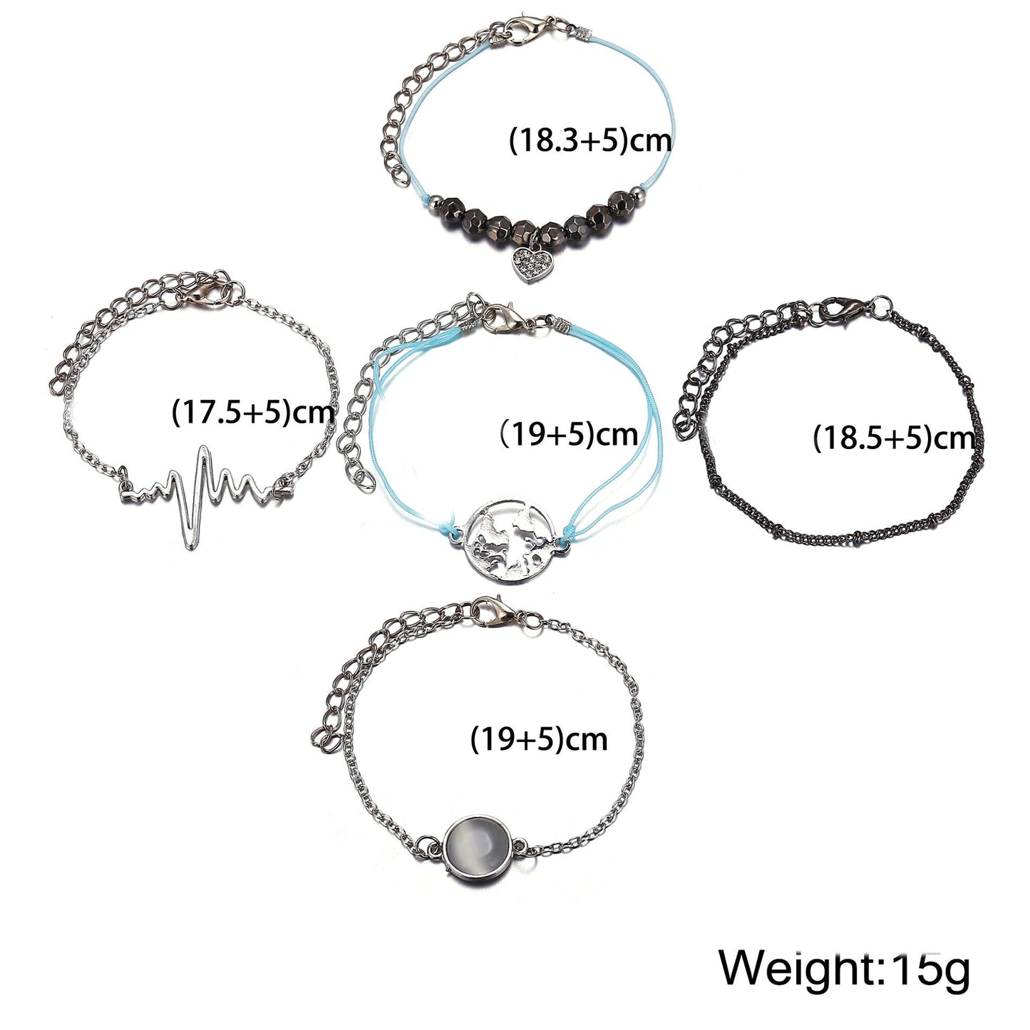 5 Piece Heartbeat Bracelet Set Silvertone Bracelet ITALY Design