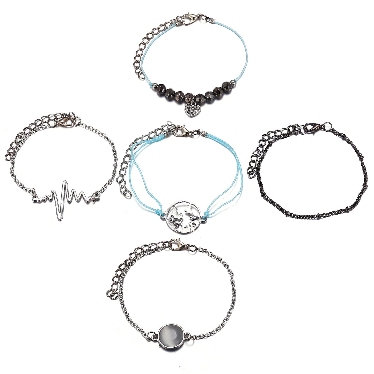 5 Piece Heartbeat Bracelet Set Silvertone Bracelet ITALY Design
