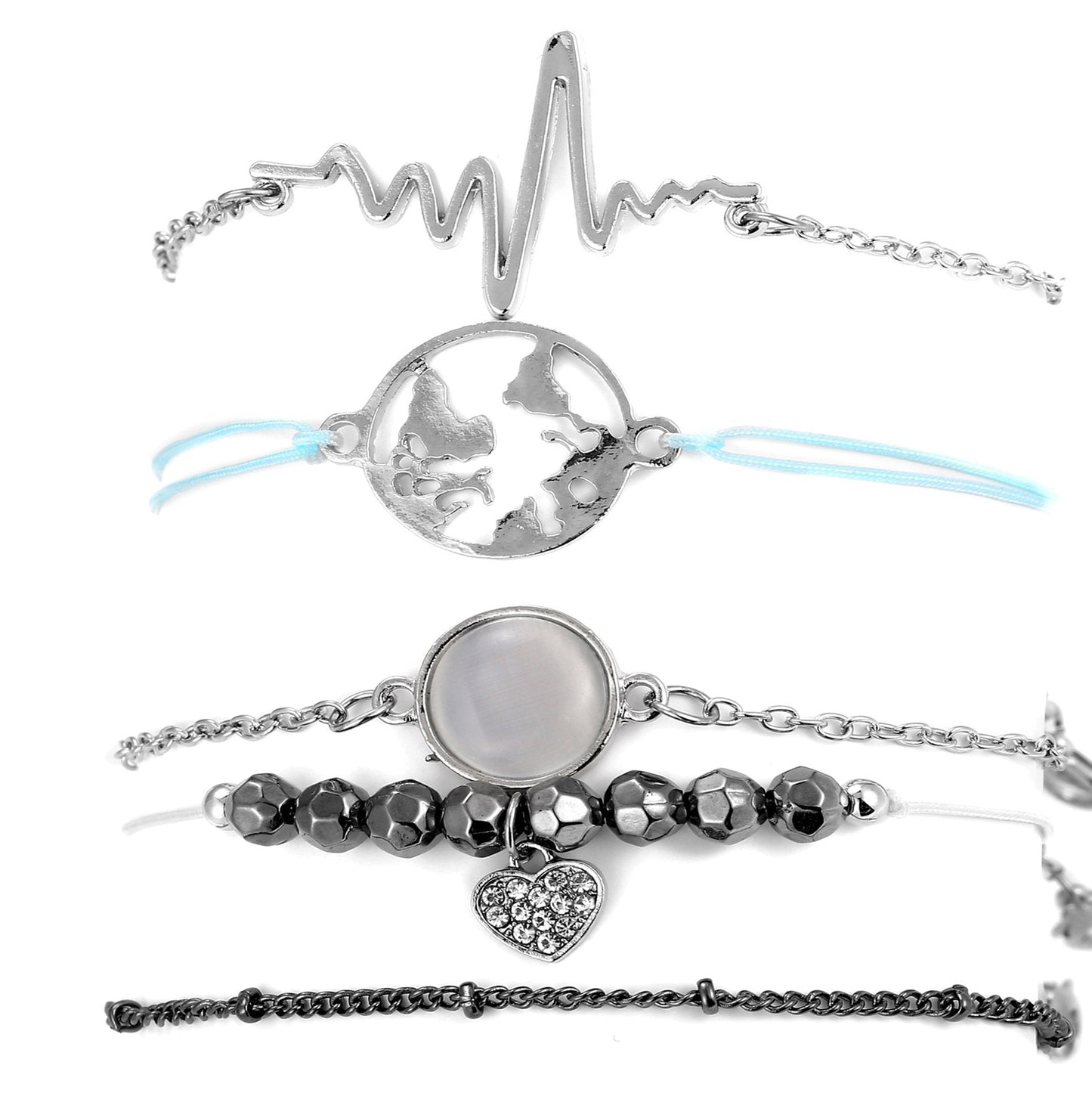 5 Piece Heartbeat Bracelet Set Silvertone Bracelet ITALY Design