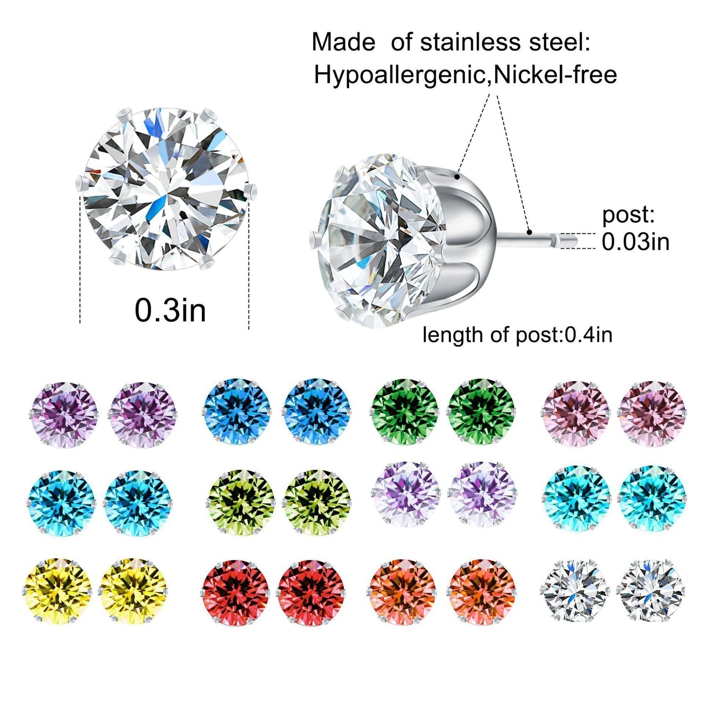 12 Piece Stud Earring Set With Gemstone Crystals Silvertone Earring