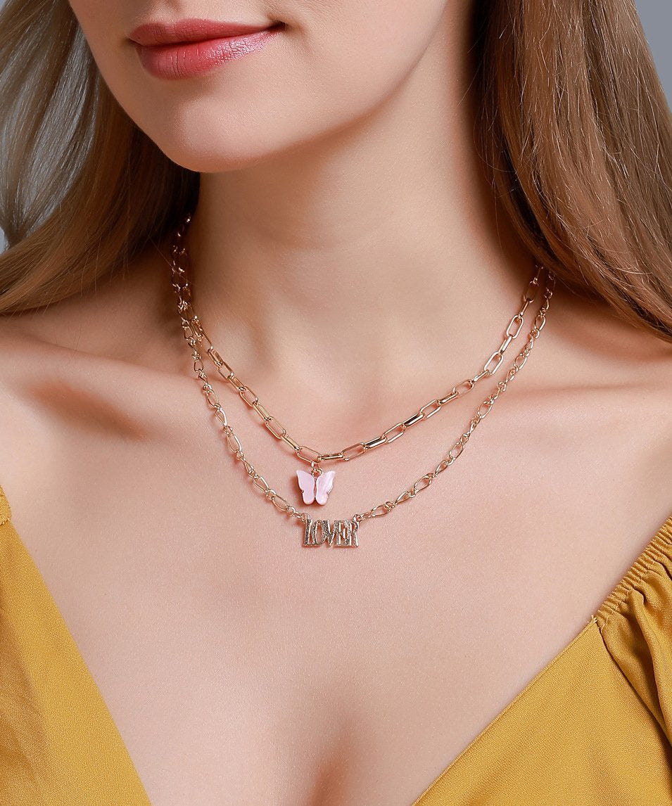 2 Piece Butterfly Lover Necklace Goldtone Necklace ITALY Design