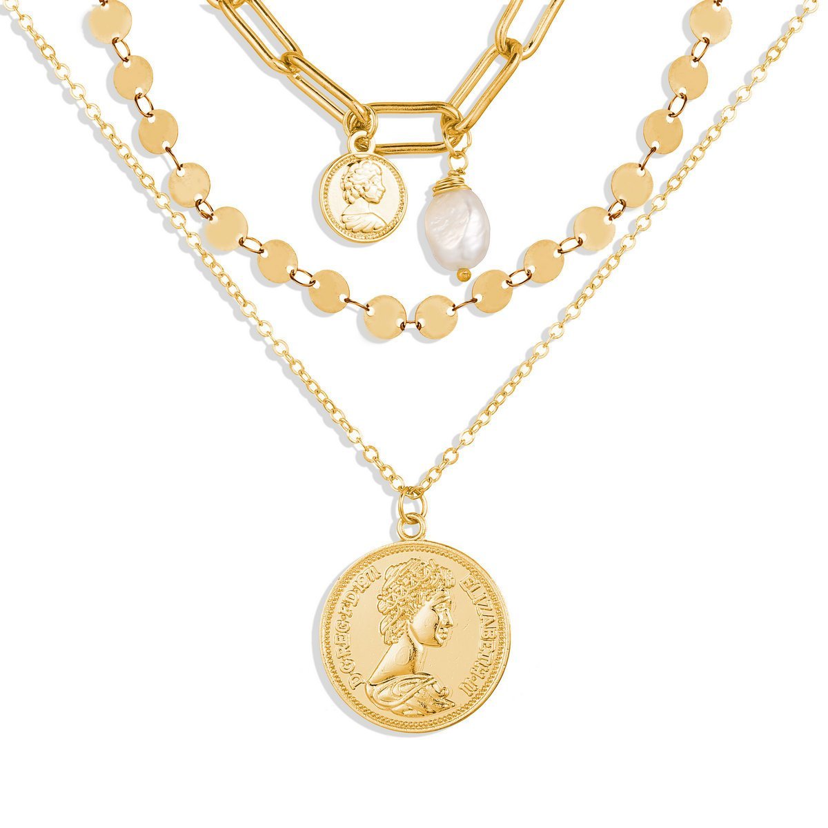 3 Piece Coin Pearl Necklace Goldtone Necklace in Goldtone ITALY Design