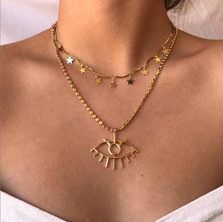 2 Piece Star and Eye Layer Necklace Goldtone Necklace in Goldtone ITALY Design