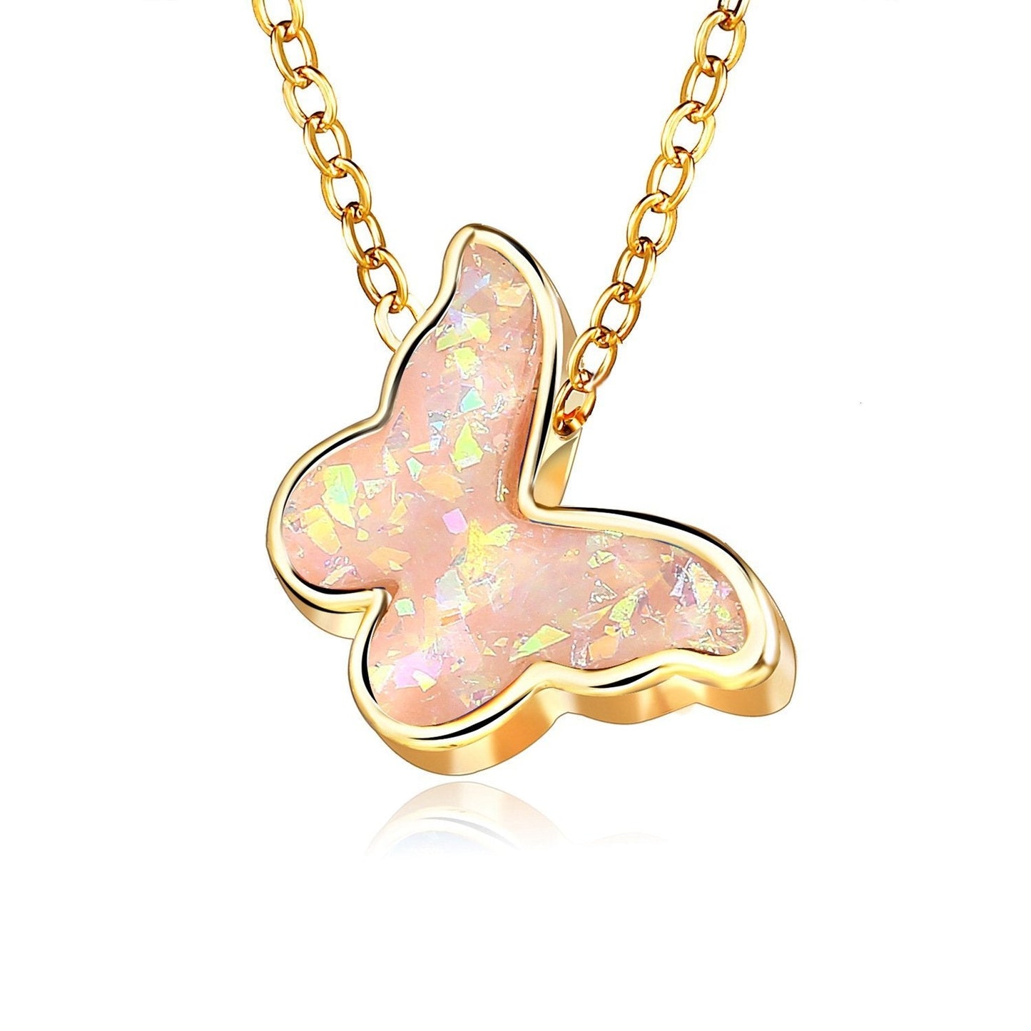 Opal Created Butterfly-Pink Goldtone Necklace in Goldtone ITALY Design