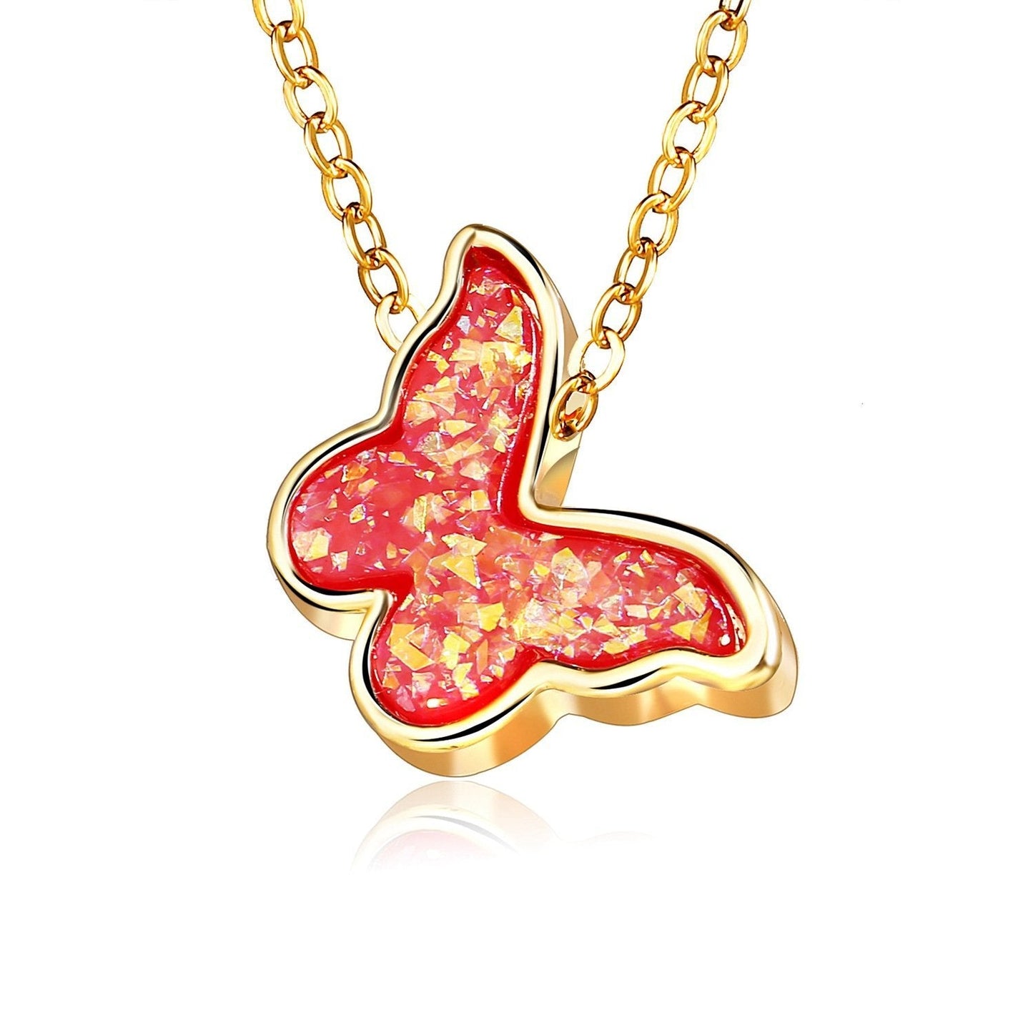 Opal Created Butterfly-Red Goldtone Necklace in Goldtone ITALY Design