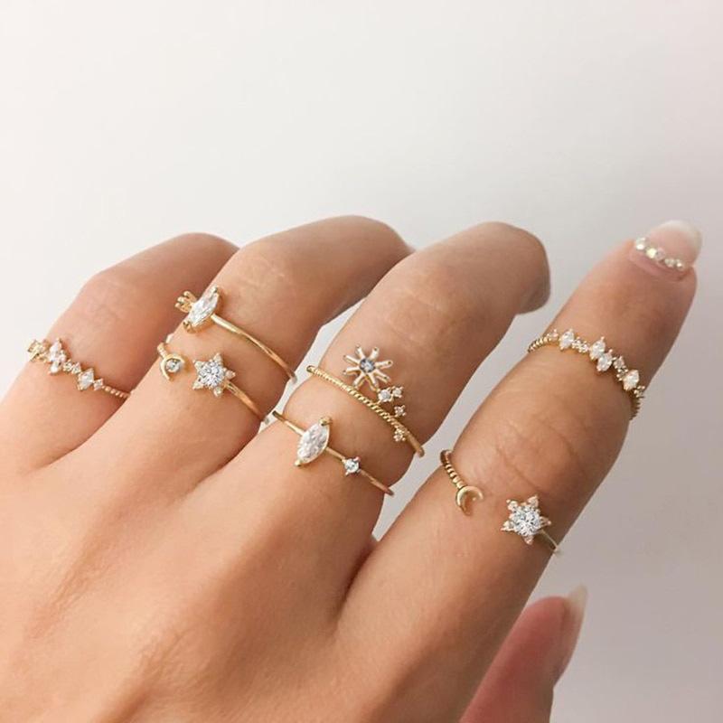 9 Piece Celestial Ring Set With Gemstone Crystals Goldtone Ring Set