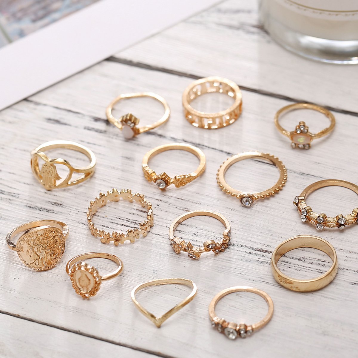 15 Piece Assorted Ring Set With Gemstone Crystals Goldtone Ring