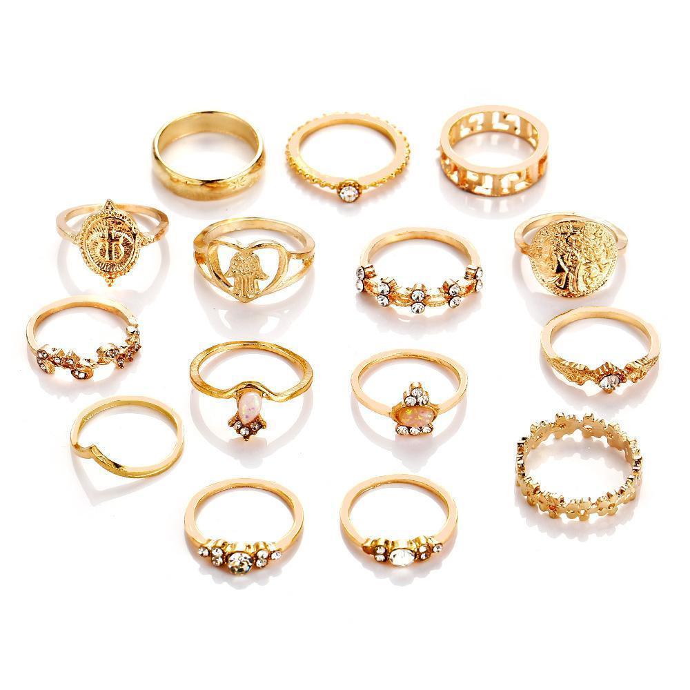 15 Piece Assorted Ring Set With Gemstone Crystals Goldtone Ring