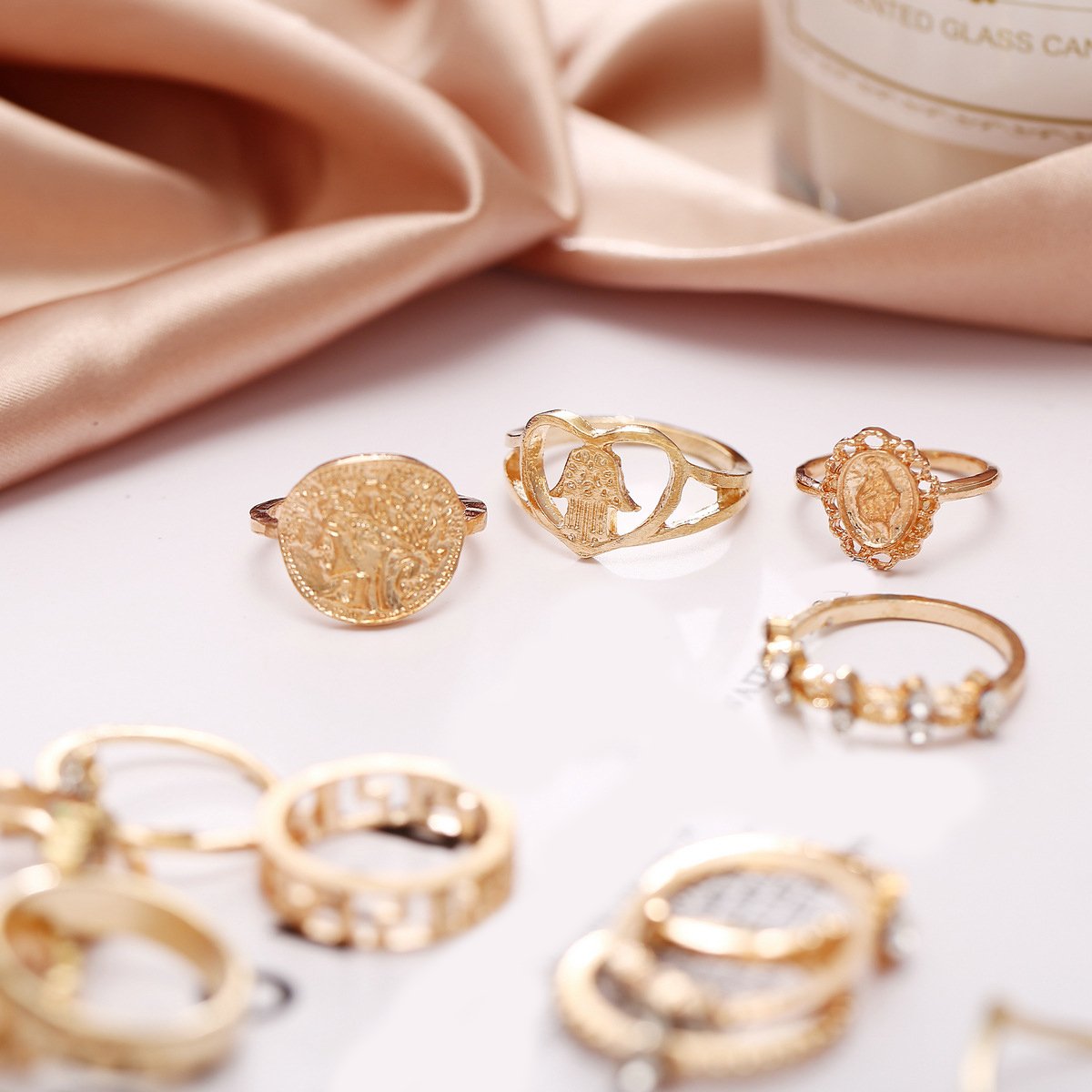 15 Piece Assorted Ring Set With Luxe Crystals Goldtone Ring in Goldtone ITALY Design