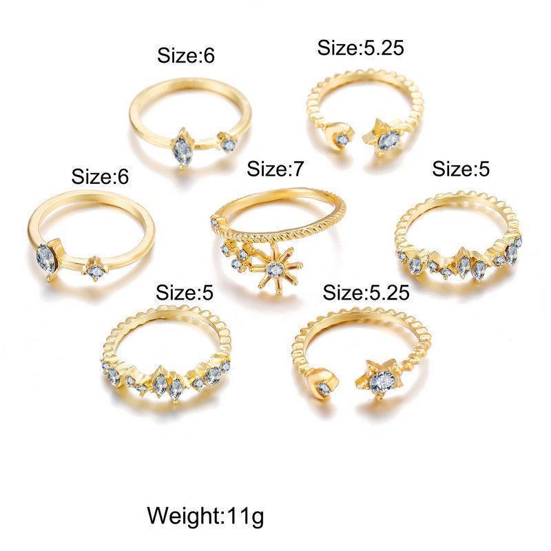 5 Piece Stars Ring Set With Gemstone Crystals Goldtone Ring