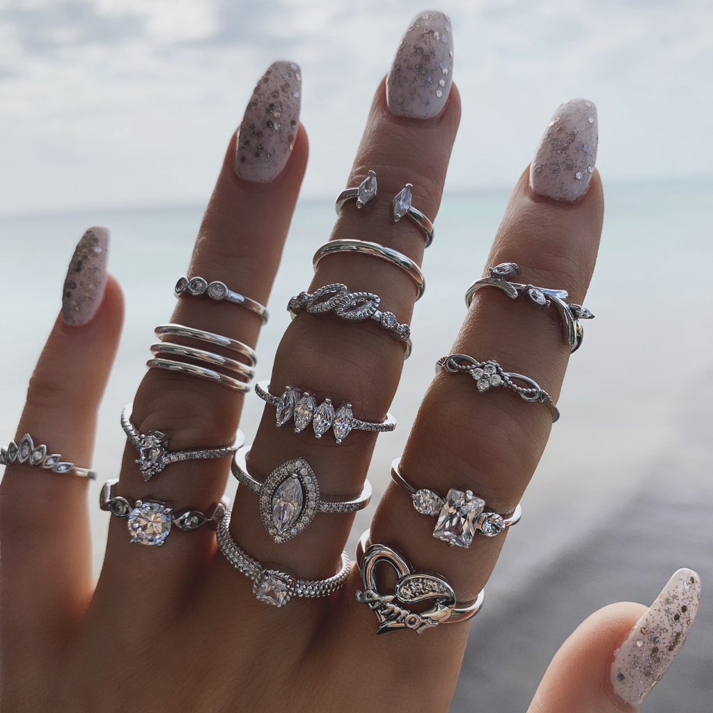 15 Piece Halo Pave Ring Set With Crystals Silvertone Ring in Silvertone