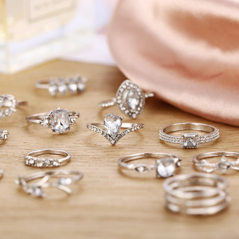15 Piece Halo Pave Ring Set With Crystals Silvertone Ring in Silvertone