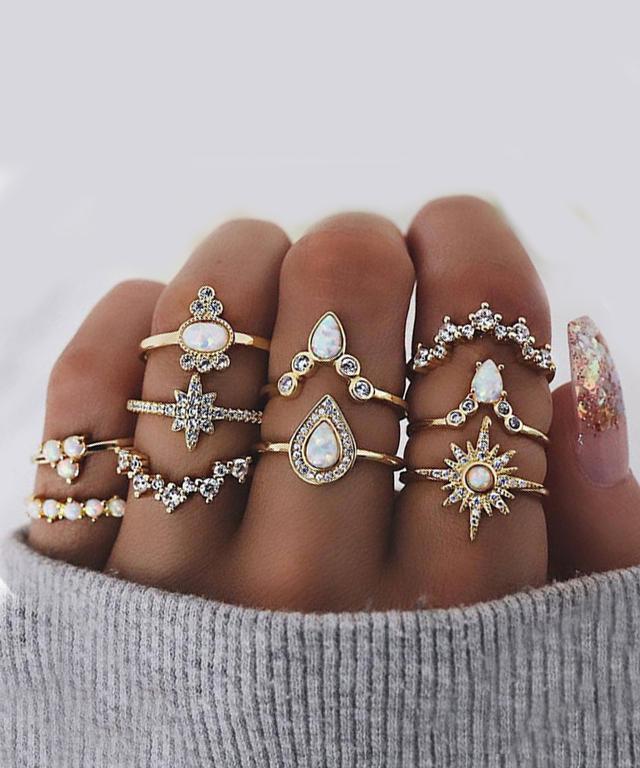 10 Piece Opal Created Ring Set With Gemstone Crystals Goldtone Ring