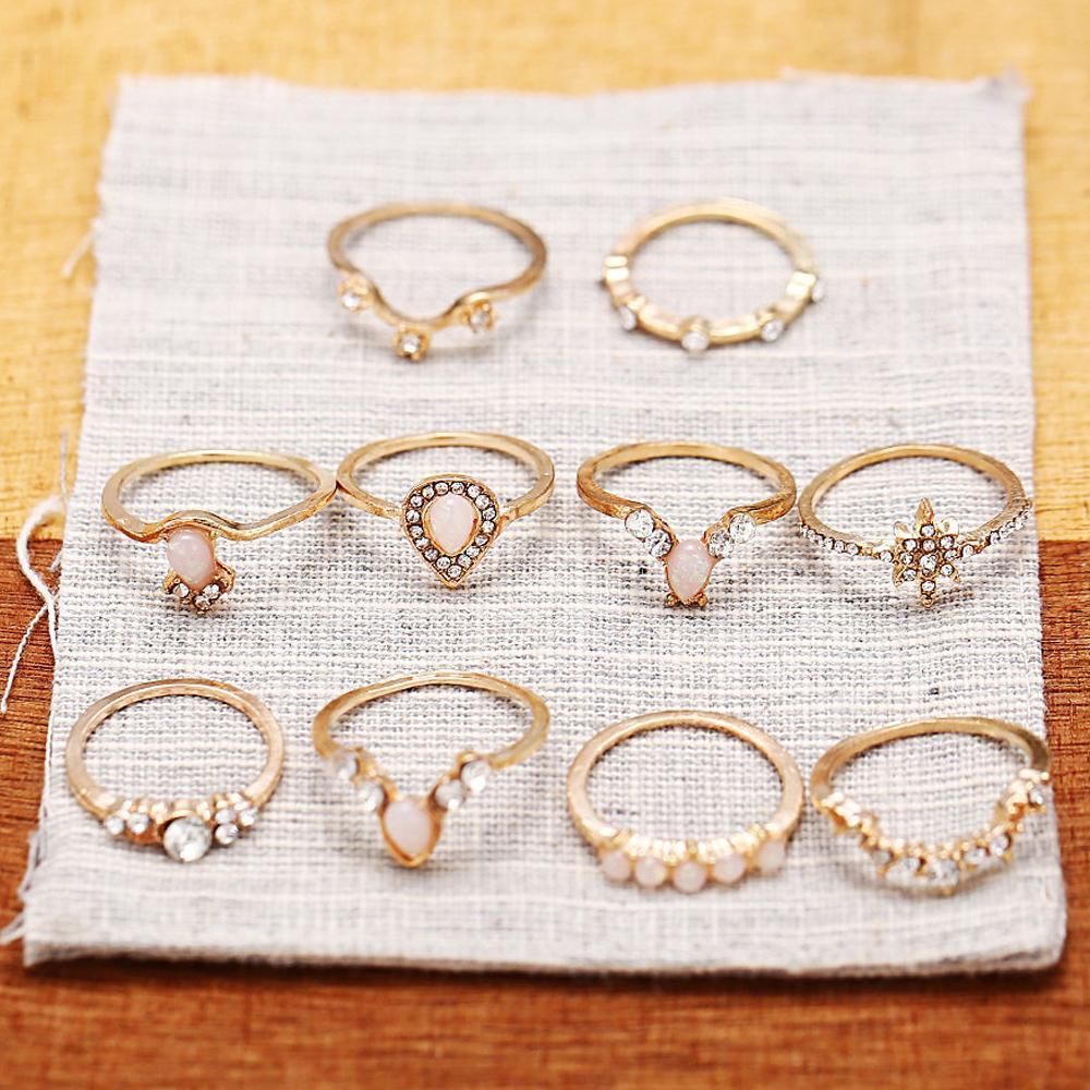 10 Piece Opal Created Ring Set With Gemstone Crystals Goldtone Ring
