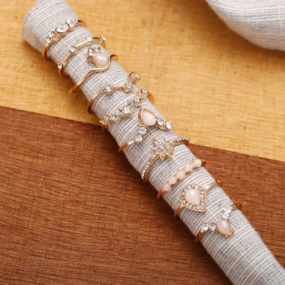 10 Piece Opal Created Ring Set With Gemstone Crystals Goldtone Ring