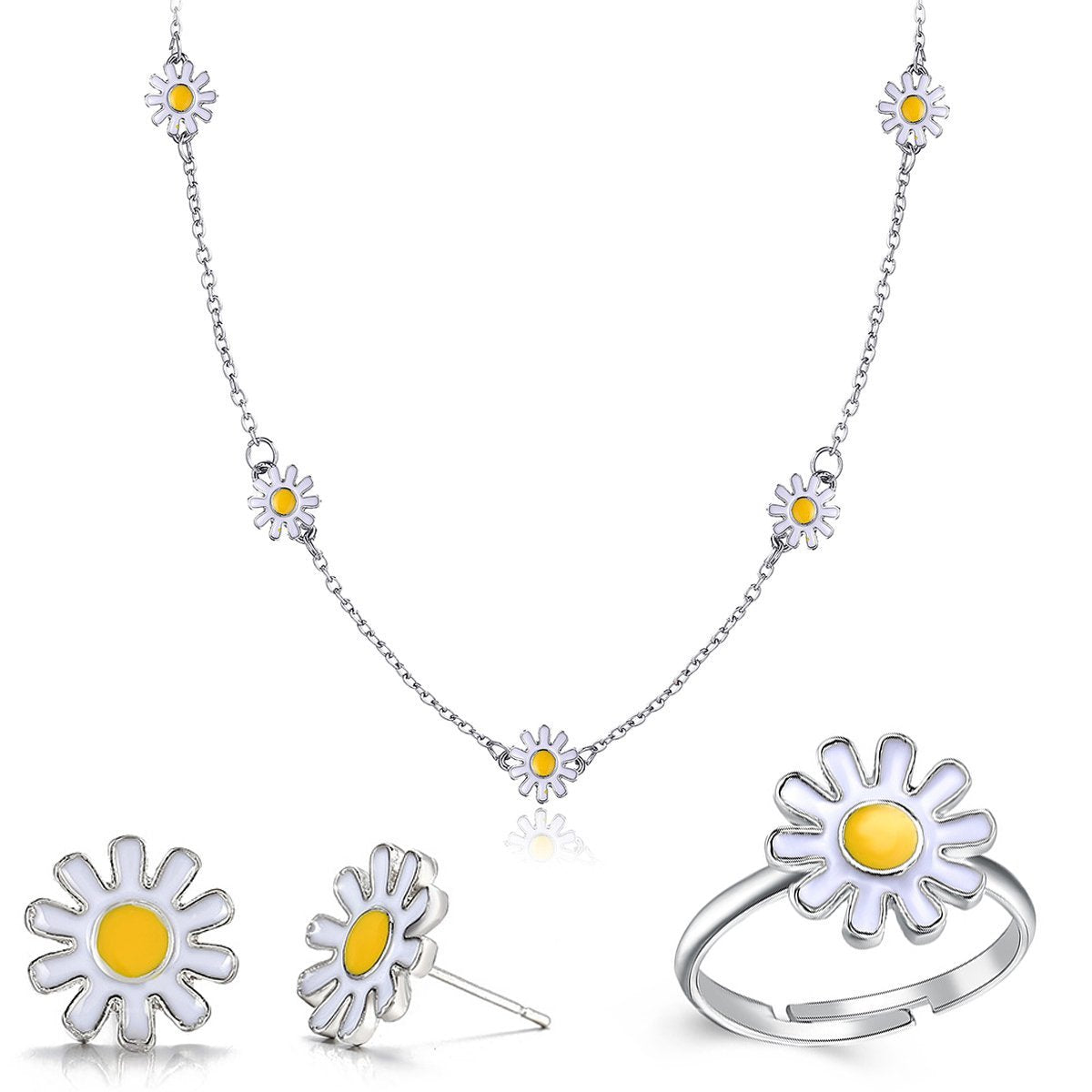 3 Piece Daisy Flower Jewelry Set Silvertone Set in Silvertone ITALY Design